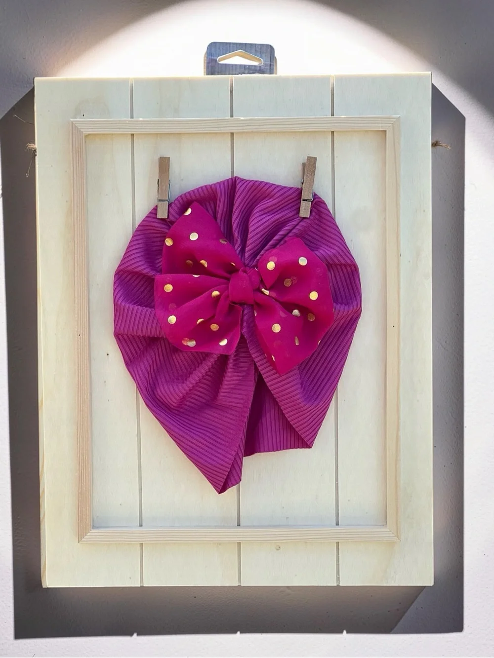 Magenta Pink Ribbed Baby Turban Gold Polka Dot Bow Headband